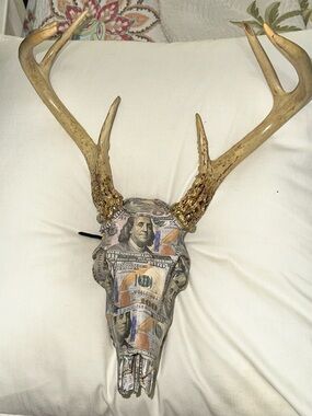 Handmade Decorative Deer Skull with Monetary Decoupage - White & Natural